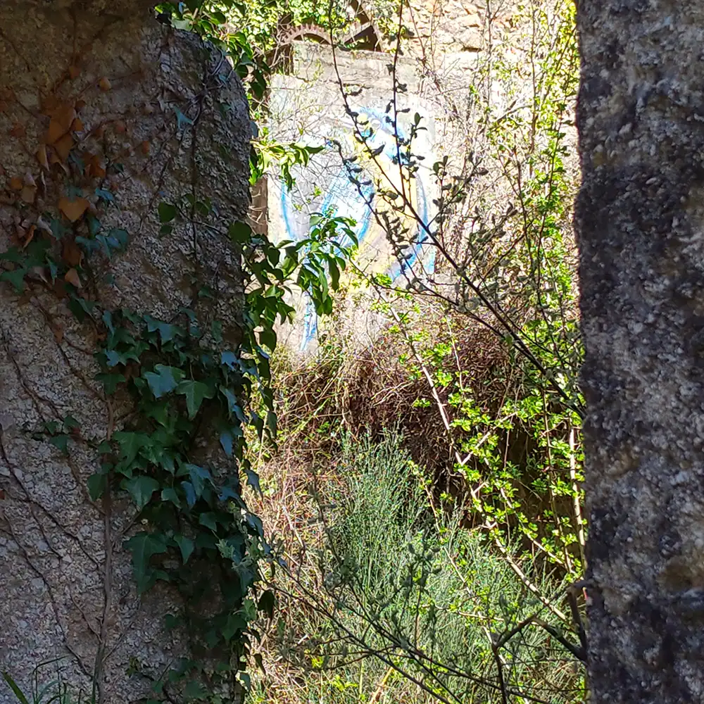 Mural antiguo en piedra, naturaleza silvestre y misterio en la Serra da Estrela.