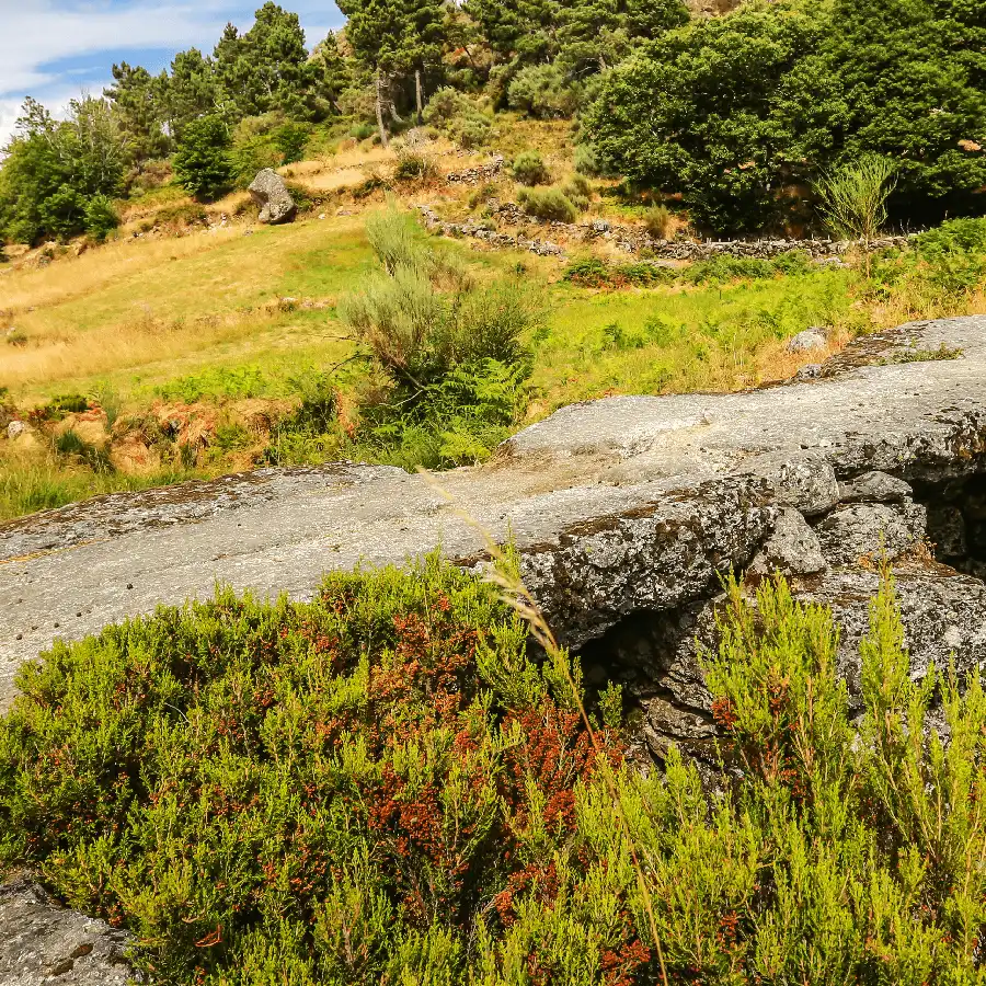 Een schilderachtige bergweg door glooiende heuvels en oude landbouwterrein.