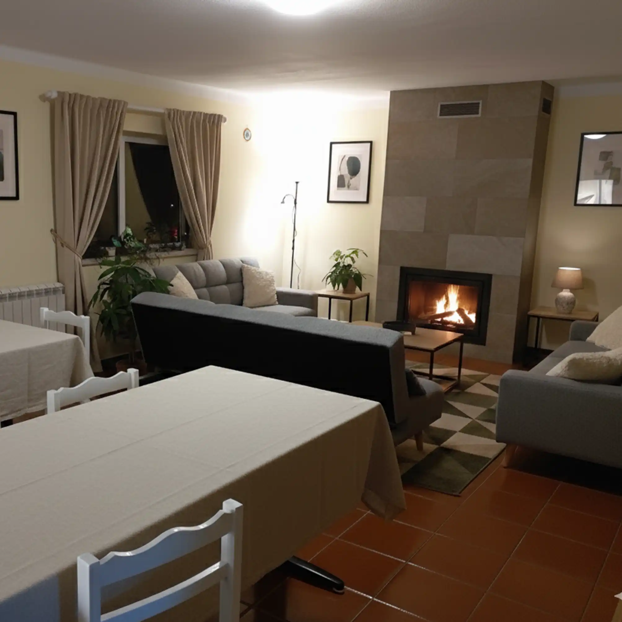 lounge room, shared space, Serra da Estrela, relaxation, connection, board games, flexible meeting space, family dining room, warm and welcoming, cozy atmosphere, comfortable seating