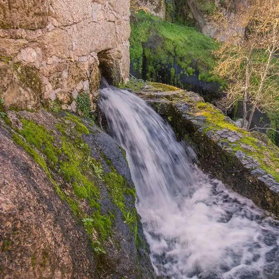 Cascata serena entre a natureza exuberante e vestígios de um passado ancestral.