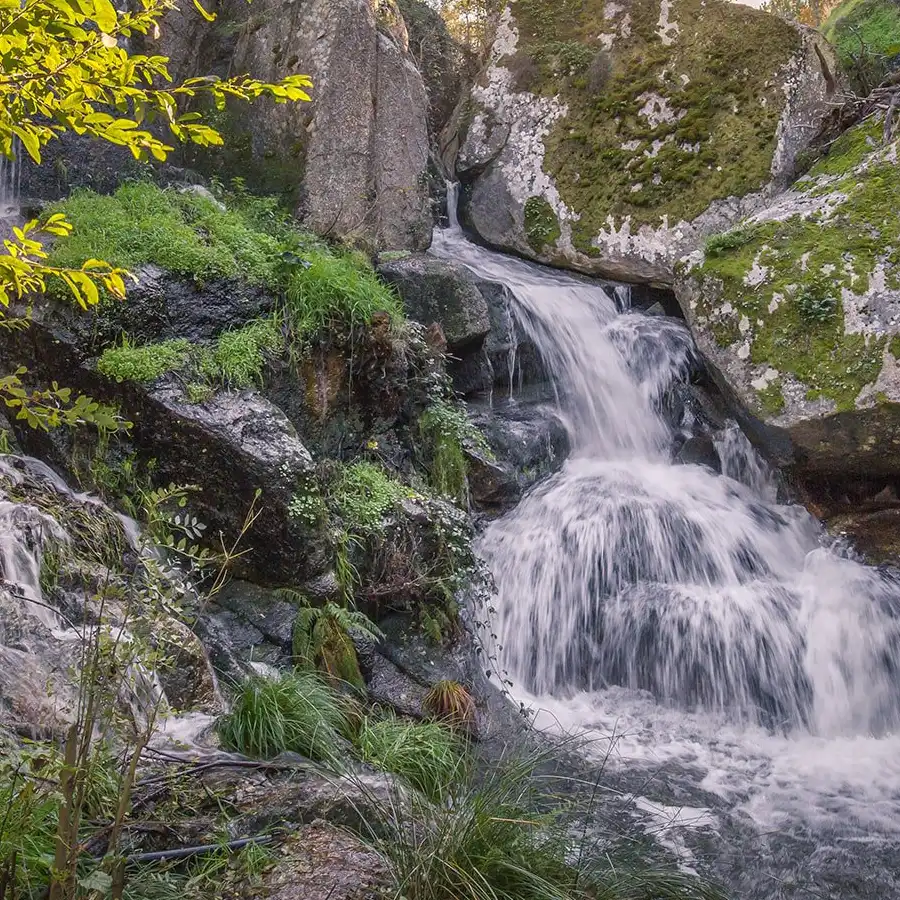 Cachoeira prístina em meio à natureza exuberante da Serra da Estrela.